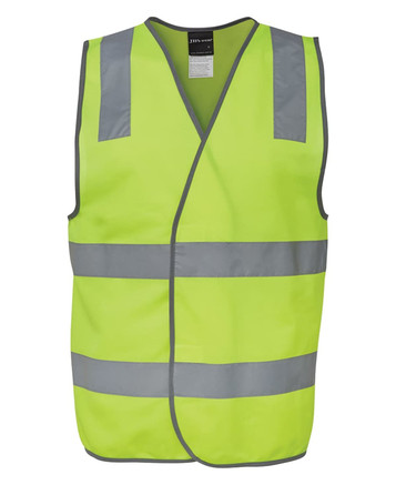 A high-visibility safety vest in bright yellow with reflective grey stripes and a logo.