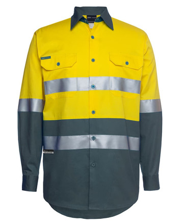 A long-sleeve work shirt in yellow and dark green, featuring silver reflective strips and two chest pockets.