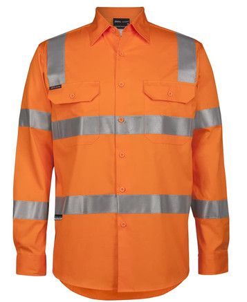 An orange long-sleeve work shirt with silver reflective strips and two front pockets, featuring a logo.