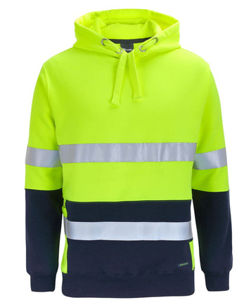 A high-visibility hoodie in bright yellow and navy, featuring reflective strips and a drawstring hood.