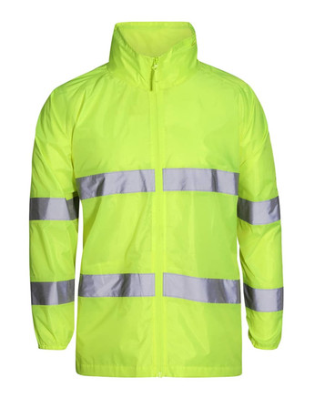 A high-visibility lime jacket with reflective stripes, designed for workwear. It features a zip front and a stand-up collar.