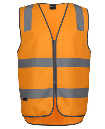 An orange zip safety vest with grey reflective stripes and a front pocket, featuring a logo.