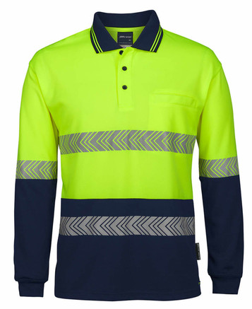 A long-sleeve polo shirt in high-visibility yellow and navy, featuring reflective segmented tape and a chest pocket.