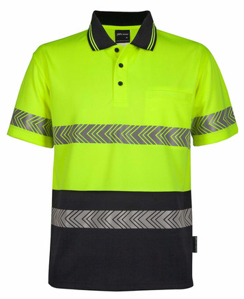 A yellow and black segmented tape polo shirt featuring reflective stripes and a pocket. It has a collar and short sleeves.