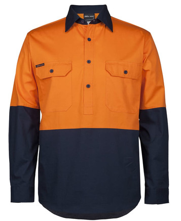 An orange and navy long-sleeve work shirt featuring two chest pockets and a logo.