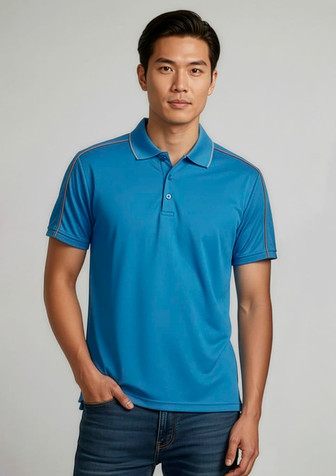 A blue men's short sleeve polo shirt with a collar, featuring a logo and contrasting details on the sleeves.