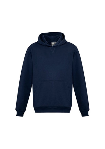 A navy blue kids' hoodie featuring a front pocket and a standard hood. It has a logo on the front.