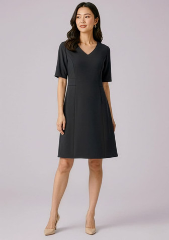 A dress in dark grey with extended short sleeves and a V-neckline, featuring a brand logo.