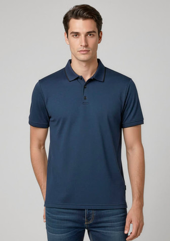 A navy blue men's short sleeve polo shirt with a classic collar, featuring a logo on the chest.