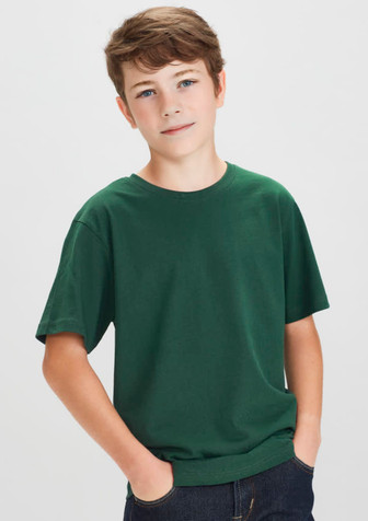 A green short sleeve tee for kids, displayed on a young boy with a neutral expression. The tee has a logo.