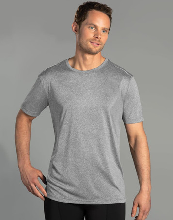 A grey short sleeve tee for men, featuring a subtle logo and a sleek, lightweight design.