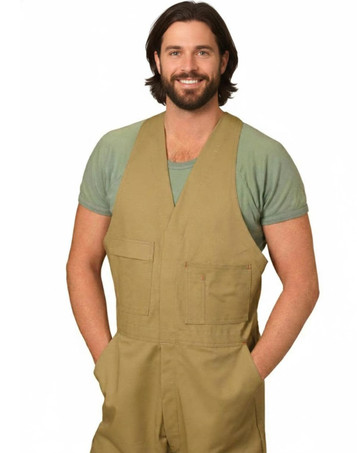 Men's cotton drill overall in beige, featuring a sleeveless design and front pockets. Includes a branding logo.