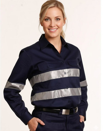 A navy long-sleeve work shirt made from cotton drill, featuring 3M reflective tapes and a logo.