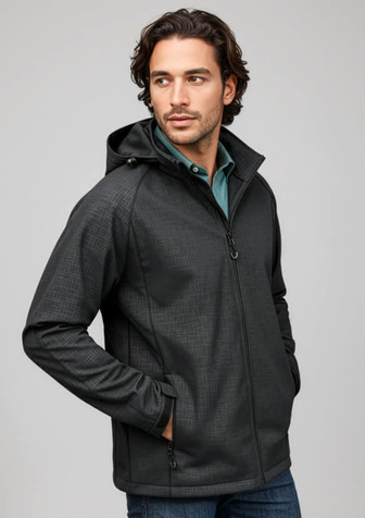 A black soft shell jacket with a hood, featuring a zip front and side pockets, worn by a male model.