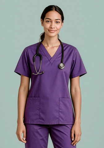 A purple women's scrub top with short sleeves and a V-neck, featuring pockets and a stethoscope.