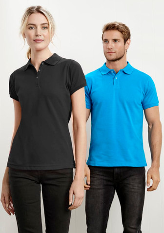 A black women’s short sleeve polo and a blue men’s short sleeve polo, both featuring collars and logos.