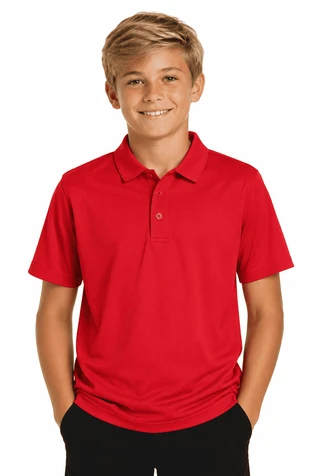 A red polo shirt for kids with a collar and a logo on the chest, featured on a smiling young model.