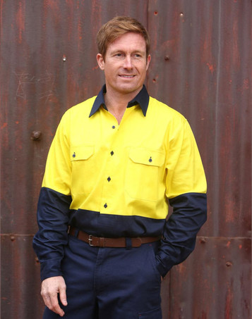 A long-sleeve, high-visibility shirt in yellow and navy blue with a logo, featuring two chest pockets.