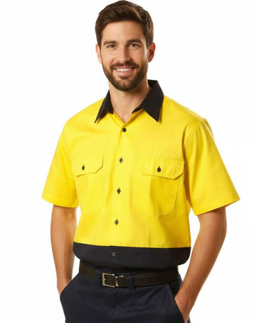 A short-sleeved, two-tone cotton work shirt in bright yellow and navy, featuring a logo and two chest pockets.