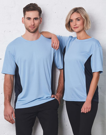 A light blue short sleeve contrast tee featuring navy side panels, displayed by two models against a white background.