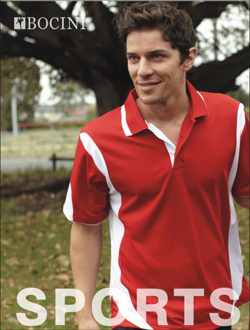 A red and white unisex polo shirt with a logo, worn by a smiling man outdoors.