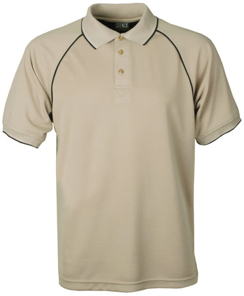 A beige polo shirt featuring a collar, three buttons, and black piping details along the sleeves and collar.