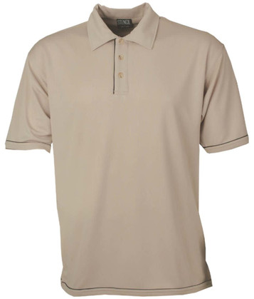 A beige men's polo shirt with a collar, button placket, and contrasting trim. It features a logo.