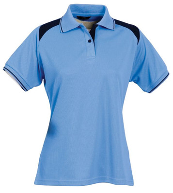 A light blue polo shirt with navy accents and a collar, featuring a logo on the chest.