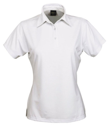 A white polo shirt for ladies with a collared neckline and short sleeves, featuring a logo on the side.