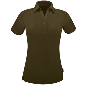 A ladies' polo shirt in dark olive green with a collar and button placket, featuring a branding logo.