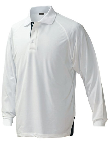 A long-sleeve white polo shirt with a collar and a logo on the chest. Features a sleek, sporty design.