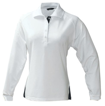 A light grey long-sleeve polo shirt for women with a collar and buttons, featuring a logo.