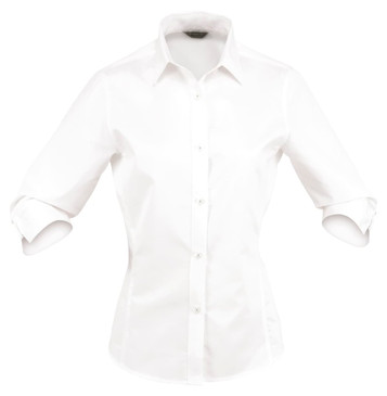A white 3/4 sleeve button-up shirt featuring a fitted design and a collar, with a logo on the label.