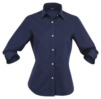A navy blue button-up shirt with 3/4 sleeves and a fitted design, featuring a brand logo.