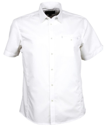 A short-sleeved white button-up shirt with a chest pocket and a logo.