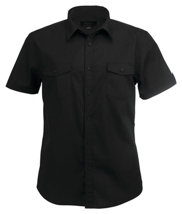 A short-sleeved men's shirt in black, featuring a button-up front and two chest pockets. Includes a logo on the sleeve.
