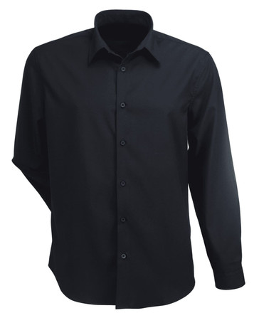 A long sleeve men's button-up shirt in solid black with a collared neckline and buttons down the front.