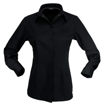 A black long-sleeve button-up shirt for ladies, featuring a collar and a logo.