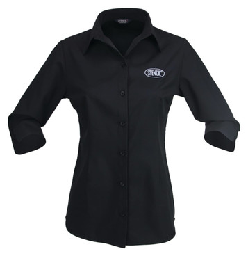 A navy blue button-up shirt with a pointed collar and rolled-up sleeves, featuring a logo.