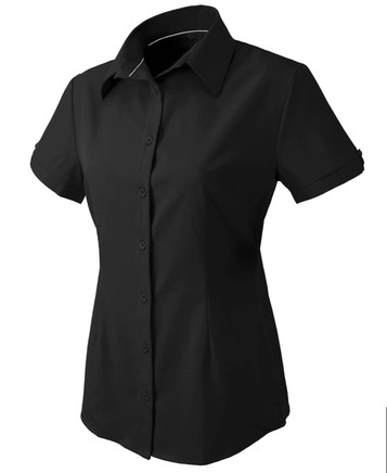 A black short-sleeved ladies' button-up shirt featuring a collar and rolled sleeves, with a small logo present.