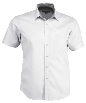 A short-sleeved button-up shirt in grey with a patterned interior and a pocket, featuring a logo.