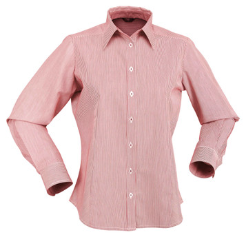 A long-sleeved ladies' button-up shirt in light grey with a subtly striped pattern and a collar.