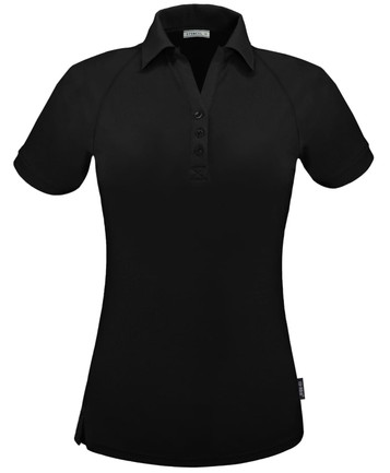 A black polo shirt featuring a collar, short sleeves, and a button-up front. The shirt has a logo on the side.
