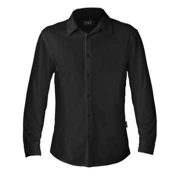 A black long-sleeved polo shirt with a button-down front and a branded tag on the side.