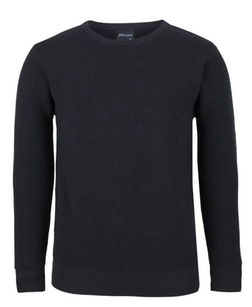 A black chunky crew neck jumper with a ribbed texture and long sleeves. It features a logo on the inside collar.
