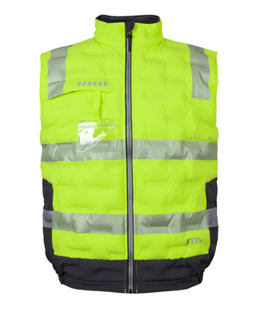 A neon yellow puffer vest with reflective stripes and a dark grey base, featuring a logo on the front.