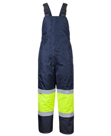 A pair of navy and lime bib and brace overalls with reflective tape, designed for safety wear.