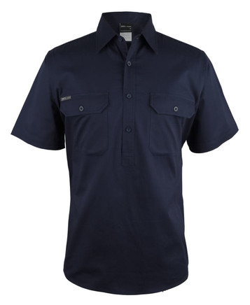 Navy short-sleeve work shirt featuring a close front design and two chest pockets, with a logo on the side.