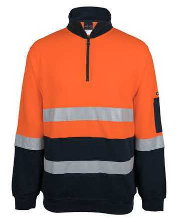 A bright orange and navy fleece jumper featuring a half-zip design and reflective stripes. It includes a logo on the sleeve.