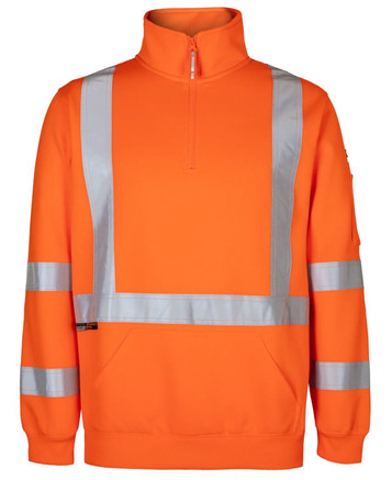 High-visibility orange fleece jumper featuring reflective stripes, designed for safety wear. Includes a zip collar and a pocket.